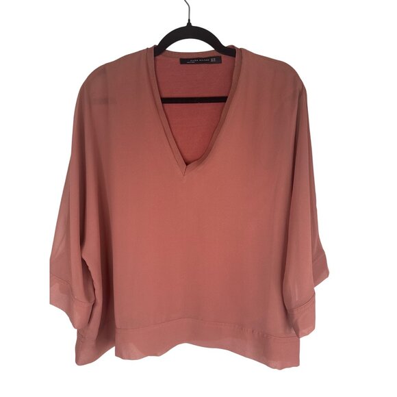 2/$30 ZARA XS Woman Rose Pink V-Neck Blouse Sheer Overlay - Picture 12 of 14